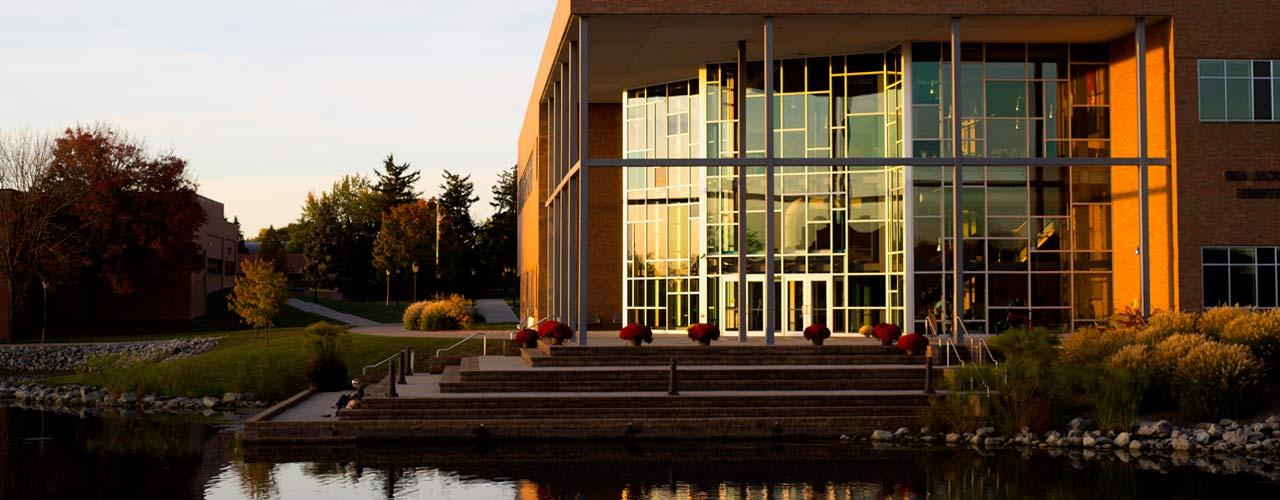 Cedarville's Center for Biblical and Theological Studies glowing in the evening light